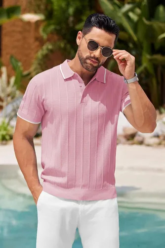 Vista 90 de COOFANDY Camisas polo de punto para hombre de manga corta con textura acanalada Camisas de golf casuales y ligeras con cuello Camiseta de polo