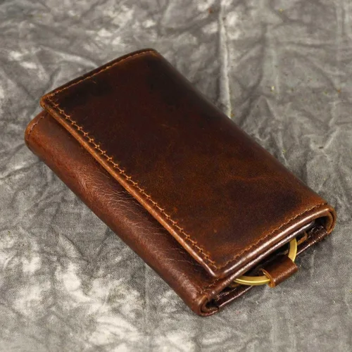 Vista 3 de Le'aokuu Funda de cuero genuino para llave de coche con gancho para monedas, billetera a presión