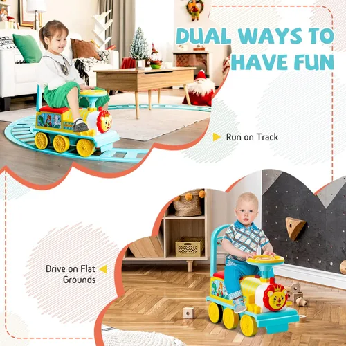 Vista 8 de GLACER Tren de paseo con 16 pistas para niños, juguete eléctrico con luces y sonidos, caja de almacenamiento debajo del asiento y pedales Azul