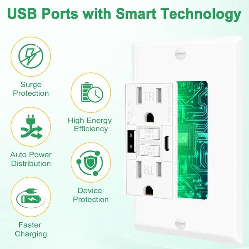 Vista 5 de Greencycle Toma GFCI de 15 amperios con puertos USB C y USB A, 1 unidad de toma eléctrica GFCI de prueba automática con USB, con indicador LED