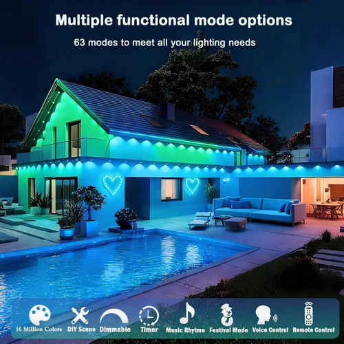 Vista 4 de iYogaled Luces exteriores permanentes para casa, 50 pies de luces de borde exterior inteligentes RGB con 63 modos de escena, luces LED impermeables