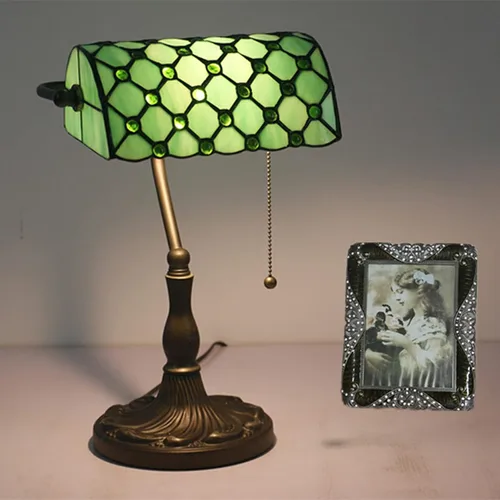 Vista 2 de Bankers Lamp Green Tiffany Antique Table Vintage Glass Retro with Pull Switch E27 Bedside Office Light for Desk Livingroom