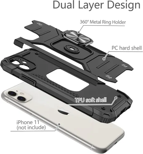 Vista 5 de Funda para iPhone 11, para iPhone 11 con 3 protectores de pantalla de vidrio templado, anillo magnético integrado de grado militar con soporte