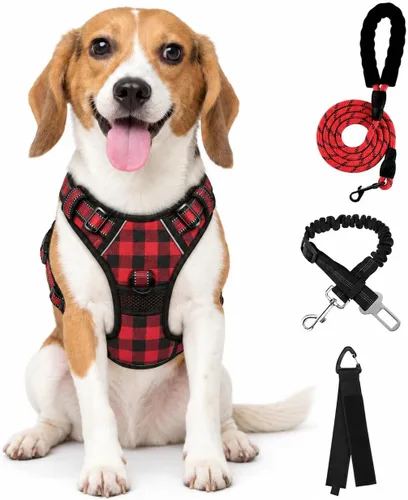 Vista 15 de FURRYFECTION Plaid Dog Harness with Leash and Seat Belt Set, Beige&White, M Tartán beige