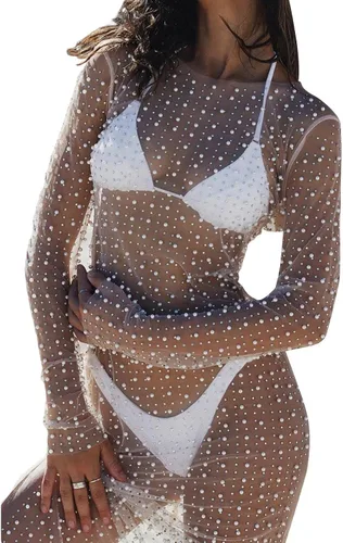 Vista 7 de Owl's-Yard Vestido largo de malla transparente con diamantes de imitación para mujer, vestido largo para playa, traje de baño, bikini Negro