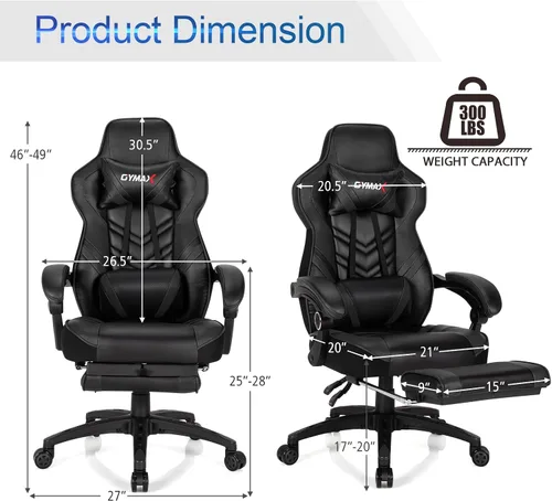 Vista 3 de POWERSTONE Silla de videojuegos con reposapiés y soporte lumbar, estilo carreras, piel sintética, ergonómica, ajustable, giratoria, color negro