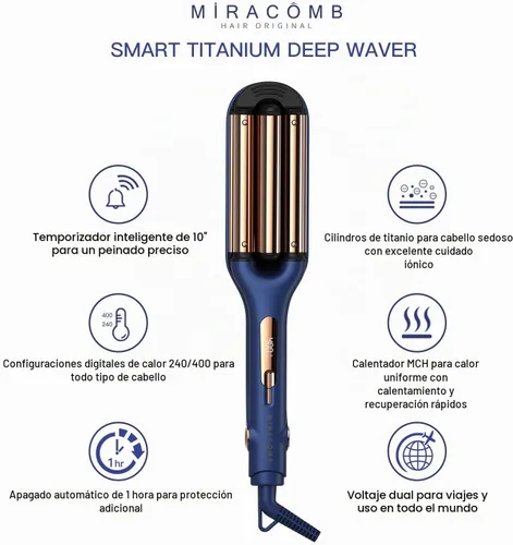 Vista 3 de MIRACOMB Hierro ondulado profundo de titanio, tecnología iónica, ajustes de calor digitales, apagado automático, doble voltaje