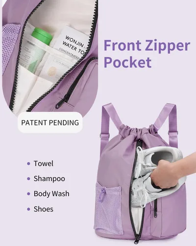 Vista 2 de WANDF Mochila deportiva con cordón y compartimento para zapatos, resistente al agua, bolsa de natación para mujeres y hombres (morado lila)