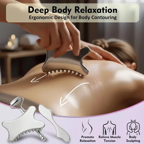 Vista 6 de Juego de rodillo facial de acero inoxidable 3 en 1 y Gua Sha – Herramientas de masaje facial de enfriamiento para esculpir, deshinchar y definir