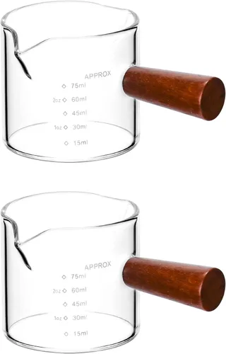 Vista 6 de QWORK Vaso de leche de medición de doble boquilla, paquete de 2 vasos de chupito de espresso de 2.5 fl oz con mango de madera, jarra triple