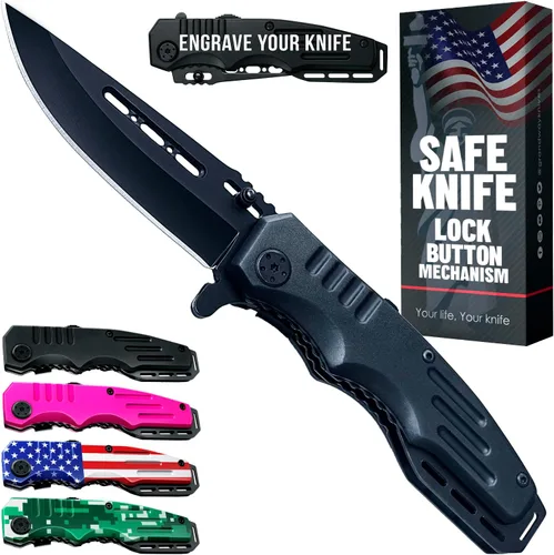 Vista 11 de Navaja de bolsillo con bloqueo de seguridad - Hoja afilada de 3.4 pulgadas - Cuchillo táctico plegable con mango de aluminio - Herramienta ideal