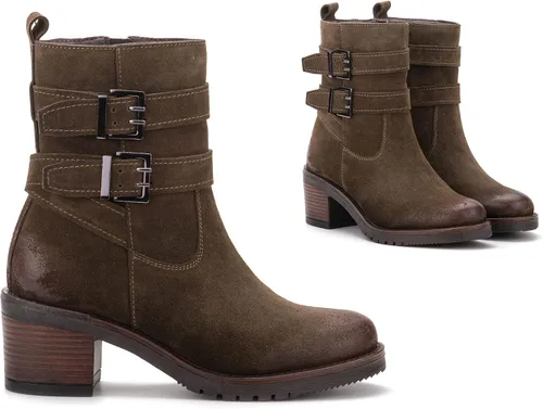 Vista 3 de Vintage Foundry Co Womens Charmaine Handmade Burnished Rugged Classy Elegant Ankle Chelsea Boots w Adjustable Buckled Bands Side Zip Chunky Heels