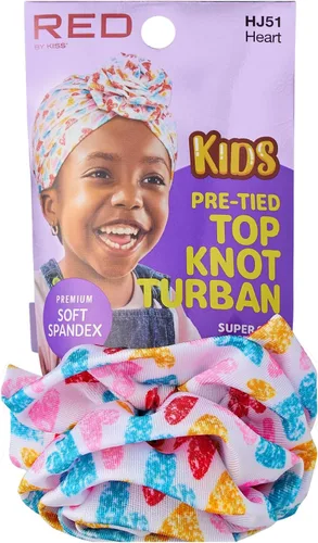 Vista 2 de Red by Kiss Turbante con nudo superior preatado para niños, turbante africano de elastano suave, ropa elástica para la cabeza, envoltura