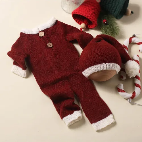 Vista 2 de Ylsteed Traje unisex de Navidad para recién nacido: conjunto de mameluco y sombrero de tela mohair, agradable al tacto, alta elasticidad, ligero