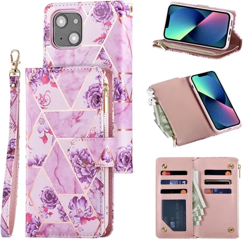 Vista 11 de UEEBAI Funda tipo cartera para iPhone 14 Plus, Funda de cuero PU Cierre magnético Bolso con cremallera Estuche de bolsillo con cremallera Ranuras