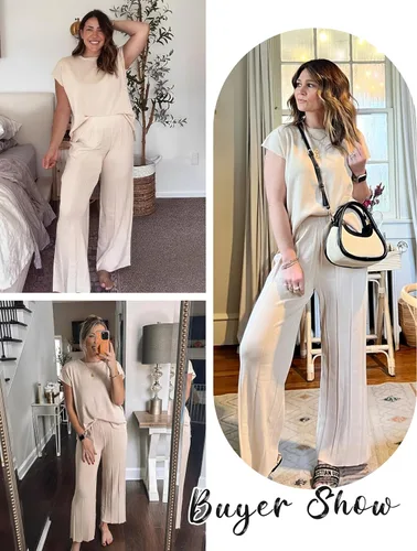 Vista 3 de Conjunto de suéter de 2 piezas para mujer, conjunto de descanso de punto, chaleco y pantalones de cintura alta