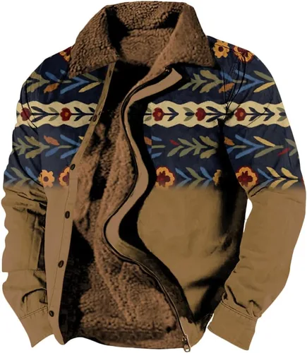 Vista 26 de LOAIHA Chaqueta de invierno para hombre, chaqueta azteca occidental para hombre, con cremallera, forro polar cálido, chaqueta vaquera, étnica vintage