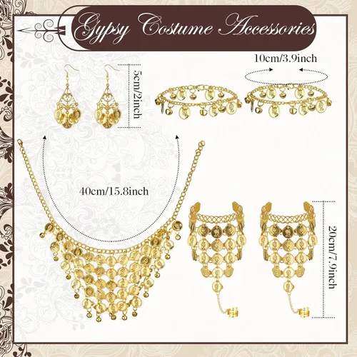 Vista 3 de Panitay 1 juego de disfraz gitano para mujer, bufanda para la cabeza, bufanda de cadera con monedas, aretes de danza del vientre, collar, pulsera