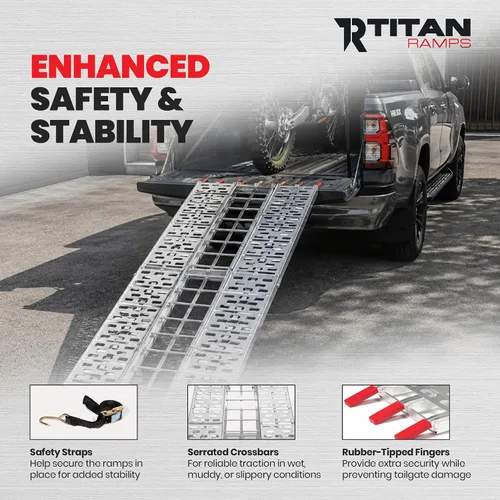 Vista 5 de Rampa de carga de motocicleta de 7.5' para camionetas pickup 1,000 lb, Titan Ramps Aluminio, peldaños dentados proporcionan tracción