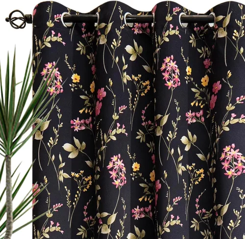 Vista 19 de Linentalks Juego de 2 paneles de cortinas opacas florales de 63 pulgadas de largo, cortinas opacas cortas con aislamiento térmico para sala