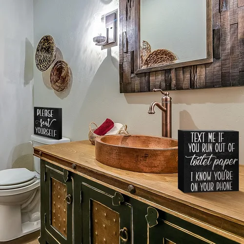 Vista 5 de Jetec 2 Piezas de Decoración de Señales de Baño de Granja, Señales de Madera Divertidas para Pared de Baño, Placa de Madera Rústica "Please Seat