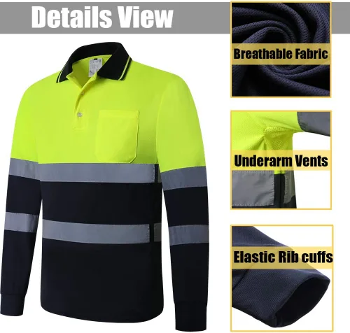 Vista 2 de ANSI Clase 2 Hi Vis Camisas amarillo azul marino de manga larga reflectante Polo camisa de trabajo de seguridad para construcción hombres y mujeres