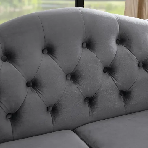 Vista 6 de Sofá Chesterfield de terciopelo gris de 79 pulgadas para sala de estar, 2 piezas, sofá de 3 plazas, con botones copetudos, respaldo curvado, brazos