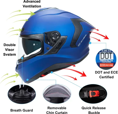 Vista 8 de Cascos de Motocicleta con Doble Visera Casco Integral para Adultos, Jóvenes, Hombres y Mujeres, Aprobado por ECE y DOT, Casco para Motocicleta, Moto
