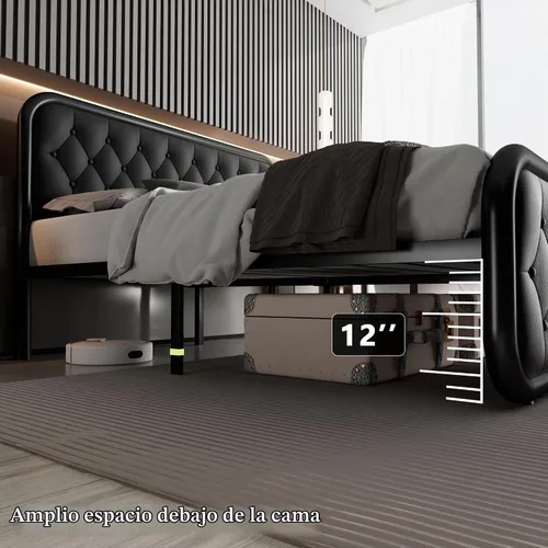 Vista 7 de Feonase Marco de cama tamaño completo, marco de cama resistente con cabecera de piel sintética, cama de plataforma tapizada con listones de metal