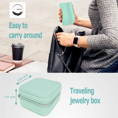 Vista 3 de Joyero de viaje organizador pequeño joyero Portabel Mini joyero para anillos, aretes, collares, pulseras y lápiz labial, color verde