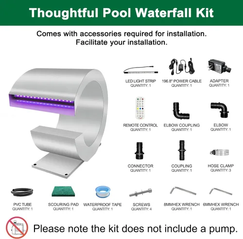 Vista 2 de LONGRUN Fuente de piscina de acero inoxidable en forma de J, con control de RF y aplicación, kit de cascadas para estanques al aire libre