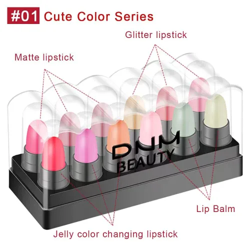 Vista 5 de Paquete de 12 lápices labiales en cápsulas: 3 bálsamos labiales sabor manzana y fresa, 3 lápices labiales de gelatina cambiador de color, 3 mate, 3