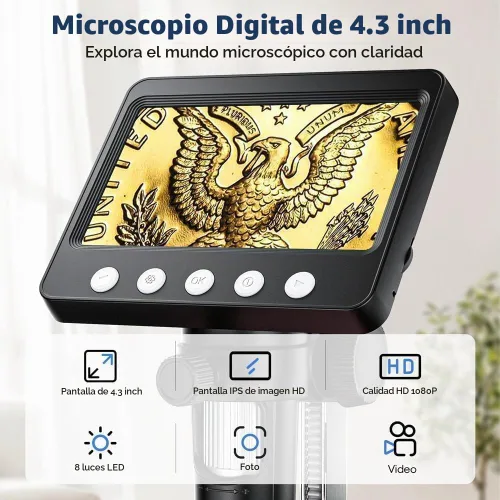 Vista 2 de Microscopio digital de 4.3 pulgadas para adultos, microscopio de moneda SKYEAR 1000X con 8 luces de relleno LED ajustables, microscopio USB