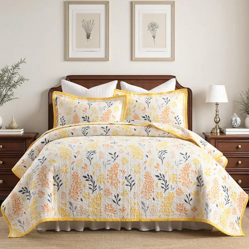 Vista 23 de Juego de edredón 100% algodón tamaño Queen de 3 piezas, edredón floral de damasco con 2 fundas, colcha acolchada floral vintage, ropa de cama ligera