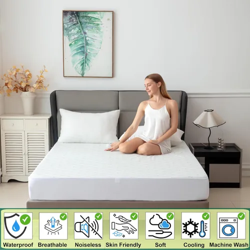 Vista 4 de Protector de colchón impermeable jacquard de bambú de alta calidad, 100% impermeable, ultrasuave y transpirable, funda de cama de enfriamiento sin
