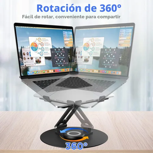 Vista 2 de Soporte giratorio para computadora portátil para escritorio, soporte de computadora de aluminio de altura ajustable con base giratoria de 360 Negro