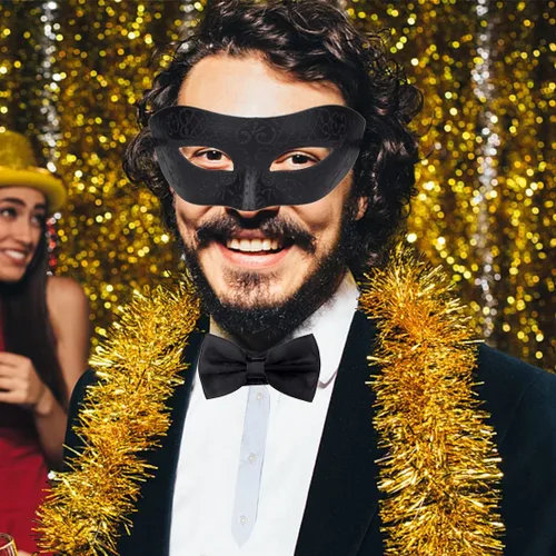 Vista 8 de IETANG Máscara de mascarada para parejas, juego de máscaras venecianas de Mardi Gras con collar y corbatín