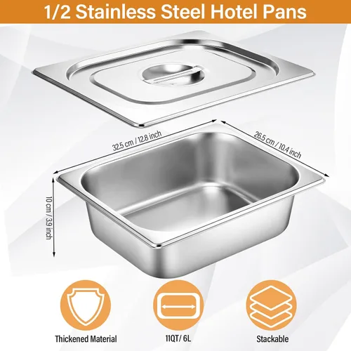 Vista 2 de Thenshop Juego de 8 Bandejas de Acero Inoxidable para Mesa de Vapor de Hotel con Tapas de 4 pulgadas 1/2 Tamaño Medio Bandejas de Restaurante Anti