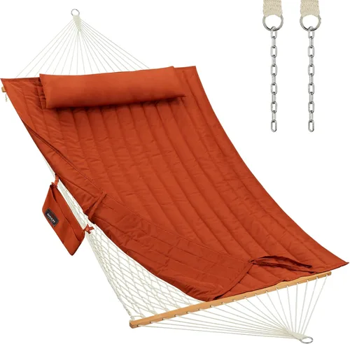 Vista 11 de CHULIM Hamaca doble para exterior con barras separadoras de madera dura, hamaca grande de cuerda con almohada de poliéster y cojín, capacidad de 475