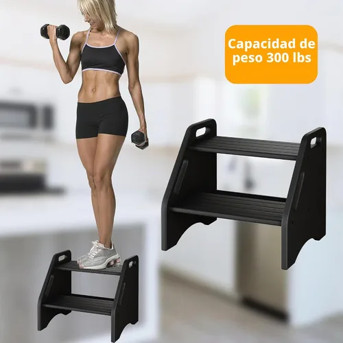 Vista 5 de AMBIRD Taburete de madera – Capacidad de dos pasos de 300 libras con almohadillas antideslizantes de seguridad y asas, bambú para baño, cocina Negro