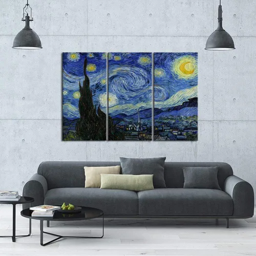 Vista 4 de iKNOW FOTO Lienzo grande de 3 paneles, arte de pared, noche estrellada por Van Gogh, famosas pinturas al óleo, reproducción moderna de lienzo