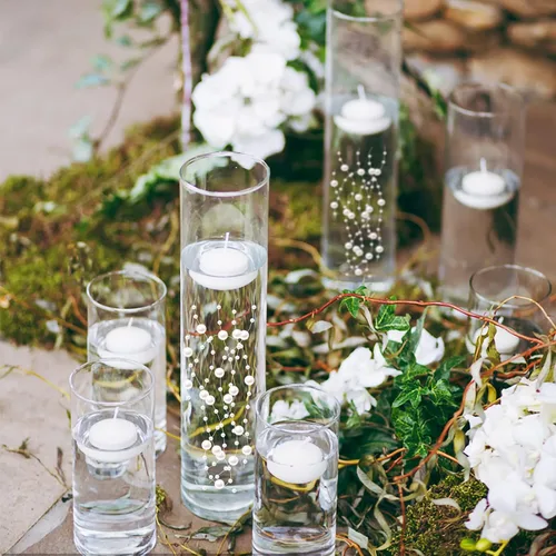 Vista 8 de 50 piezas de cadenas de perlas flotantes para velas flotantes, perlas artificiales para relleno de jarrones, decoraciones de mesa para centro