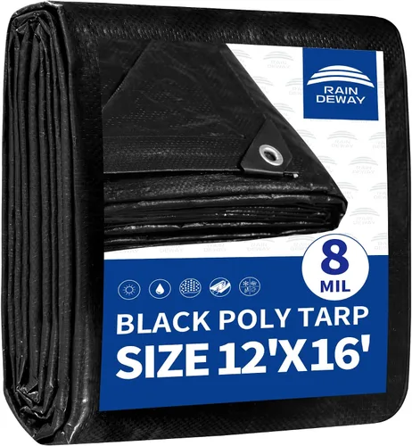 Vista 13 de RAINDEWAY Lona pequeña negra de 3x3 pies (paquete de 2), resistente a los rayos UV, lonas polivalentes de resistencia media impermeables, lona