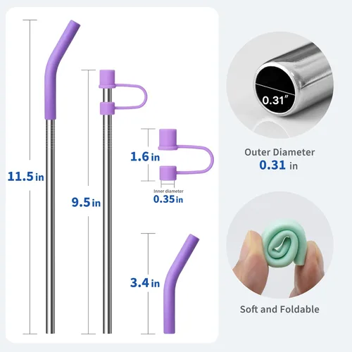 Vista 2 de Pajitas de metal con puntas de silicona para vaso Stanley de 30 onzas, popotes reutilizables de acero inoxidable con cubierta para popote para vaso