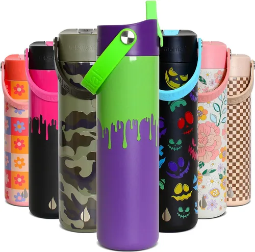 Vista 58 de Elemental Botella de agua aislada de 24 onzas con popote, botellas de agua con núcleo de acero inoxidable 100% a prueba de fugas para viajes, Beige