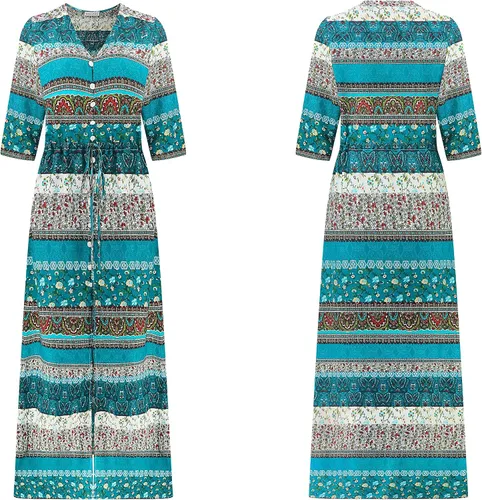 Vista 5 de R.Vivimos - Vestido bohemio a media pierna de verano para mujer con estampado floral, botones, tirantes delgados, cuello en V