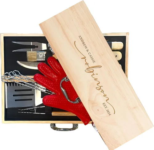 Vista 14 de Juego de parrilla BBQ de 11 piezas con caja de madera de arce grabada, herramientas de barbacoa de acero inoxidable premium con mangos de madera
