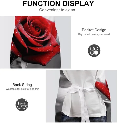 Vista 6 de MUSM Black And White Red Rose Apron，Classic Vintage Funny with Pockets Aprons,Adjustable Bib Waterdrop Resistant for Kitchen Cooking Restaurant BBQ