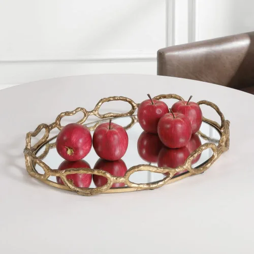 Vista 2 de Uttermost Bandeja decorativa con espejo de hoja dorada con cadena de cable