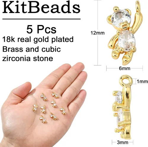 Vista 2 de KitBeads 5 dijes de oso de circonita cúbica chapados en oro de 18 quilates, lindos dijes de animales colgantes para hacer pulseras de joyería